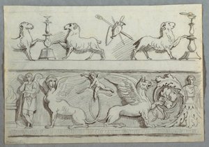 Deux frises avec béliers, candélabres, trophées et putti