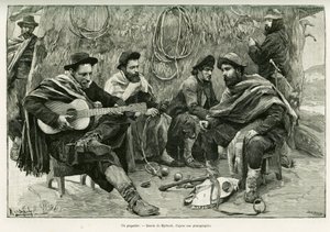 Un payador, duel en vers de chanteurs ambulants. Gravure par Myrbach, pour illustrer l