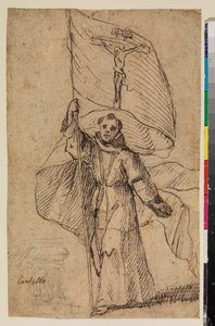 Moine franciscain tenant une bannière avec le Crucifix