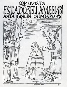 Le capitaine Ruminavi présente Francisco Pizarro et Diego de Almagro à deux femmes - Felipe Huaman Poma de Ayala