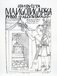 Manco Inca tente de brûler le palais inca de Cuyus Mango, converti pour le culte chrétien, mais Dieu intervient - Felipe Huaman Poma de Ayala