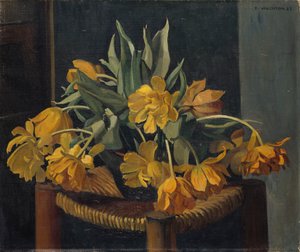Tulipes jaunes doubles sur une chaise en osier - Felix Edouard Vallotton