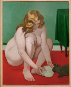 Femme accroupie offrant du lait à un chat - Felix Edouard Vallotton