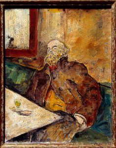 Portrait de Paul Verlaine (1844 - 1896), poète français, assis au bar devant un verre d