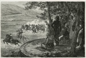 La course du djerid, le cavalier partait en tenant un bâton court qui représentait à la fois la lance et le fusil ; il le brandissait au-dessus de sa tête avant de le lancer, gravure par F. Regamey, pour illustrer l
