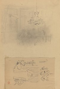 Rassemblement dans un intérieur, une porte avec rideau - Felix Hilaire Buhot