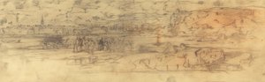 Estuaire avec un port maritime fortifié à gauche et des falaises à droite - Felix Hilaire Buhot