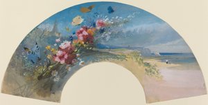 Éventail avec Fleurs Sauvages et Papillons contre la Côte Normande - Felix Hilaire Buhot