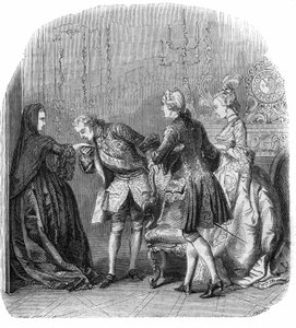 Louis XV (1710-1774) baise la main de la princesse de Lamballe (Marie Thérèse Louise de Savoie-Carignan) (1749-1792), en présence du marquis de Richelieu et de Melle Lange (future comtesse du Barry)