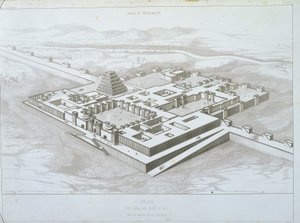 Palais de Khorsabad, vue historique du sud-est avec une partie des murs fortifiés, illustration de 