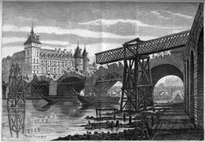 Transformations de Paris sous le Second Empire, Haussmann Paris : démolition du Pont au Change (1639-1647) et installation du pont temporaire. Gravure de Félix Thorigny dans « Le Monde Illustré » n°78 du 9 octobre 1858.