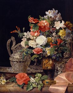 Bouquet de fleurs avec des récipients en argent et un vase antique - Ferdinand Georg Waldmüller