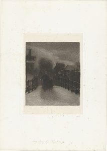 Vieille femme avec enfant sur un pont