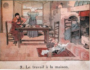 Un travail du soir à la campagne, illustration pour un manuel scolaire, vers 1900