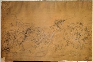 Scène de bataille Dessin sur papier saumon par Eugène Delacroix (1798-1863) 19ème siècle - Ferdinand Victor Eugene Delacroix