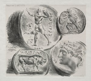 Feuille avec quatre médailles antiques
