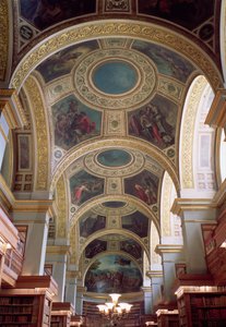 Vue du plafond à caissons de la bibliothèque avec cadre en stuc doré entourant des écoinçons illustrant des scènes bibliques et classiques, 1844 - Ferdinand Victor Eugene Delacroix