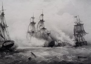 Combat entre navires de troisième rang britanniques et américains avec 74 canons, lithographie par Ferdinand Perrot