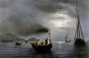 Pêche de nuit à la lampe, lithographie en couleur par Ferdinand Perrot - Ferdinand Victor Perrot