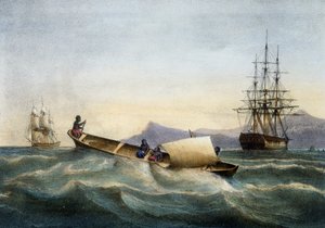 Pirogue à balancier des Antilles, lithographie en couleur de Ferdinand Perrot