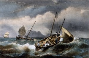 Pêche à la sardine le long de la côte de Bretagne, lithographie en couleur par Ferdinand Perrot
