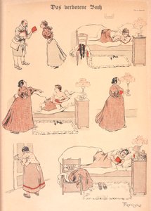 Le livre interdit. Une fille lisant un livre au lit. Il est pris par une femme plus âgée, qui le lit ensuite elle-même