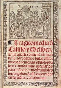 Miniature sur parchemin sur la couverture de La Célestine ou Tragicomédie de Calisto et Melibea, manuscrit espagnol de Fernando de Rojas, publié en 1531