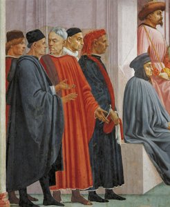 Hommes en costume médiéval, détail de La Résurrection du fils de Théophile, par Tommaso Masaccio, fresque - Filippino Lippi