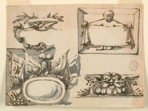 Dessin, Un écusson, un trophée, une étiquette, un motif décoratif pour une frise, 1750-75