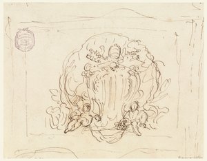 Dessin, Tablette portant les armoiries du pape Benoît XIV avec coquille en arrière-plan, 1740-58