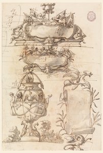 Dessin, deux écussons, un vase décoratif et une volute, 1750-75 - Filippo Marchionni