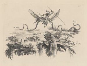 Un Sauvage monté sur un Serpent ailé combattant avec une bête sauvage ressemblant à un Porc-épic - Filippo Morghen