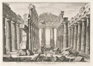 Vue intérieure du temple hexastyle hypèthral depuis le nord, des Antiquités de Paestum - Filippo Morghen