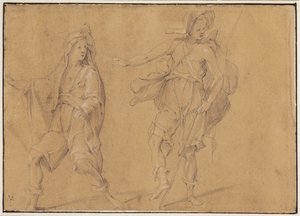 Une figure courant avec le manteau sur la tête, et un homme debout avec chapeau et bâton