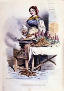 Petit commerce de la ville de Naples : marchande ambulante de zeppole, spécialité pâtissière de Naples. Gravure d