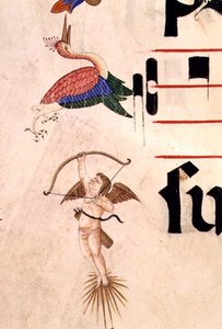 Un chérubin tirant sur une cigogne avec un arc et une flèche invisible, détail de la bordure décorative d