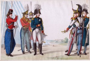 Alexandre Ier, tsar de Russie (1777-1825) - Tsar Alexandre Ier et officiers russes - Finert (Finart), Noël Dieudonné (1797-1852) - 1815 - Aquarelle sur papier - 23,3x34,5 - Collection privée