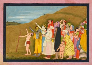 Krishna et sa famille admirent une éclipse solaire, peut-être une page du « Kangra/Modi » Bhagavata Purana - First generation after Nainsukh