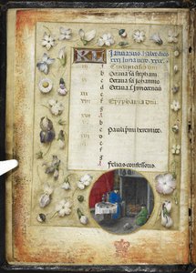 Page de calendrier pour janvier, avec une miniature ronde de deux hommes se réchauffant devant un feu, d