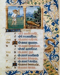 Calendrier, juin, un paysan fauchant et le signe du cancer. Page tirée d
