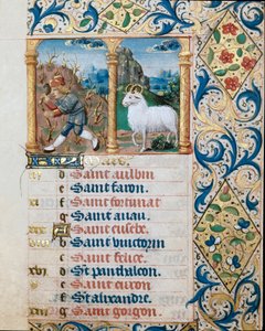 Calendrier, le mois de mars, un paysan semant et le bélier. Page tirée d