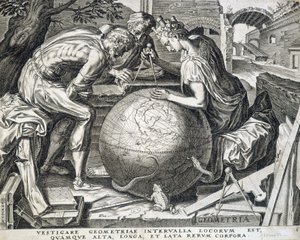 Personnages penchés au-dessus du globe avec compas (allégorie de la géométrie) - gravure, Flandres - Flemish School