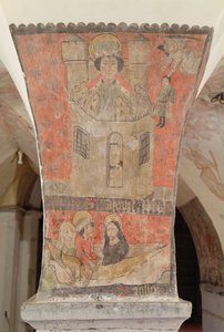 Daniel dans la fosse aux lions, avec en dessous Saint Julien, sa femme et Jésus-Christ, fresque de la crypte, c.1480-1540