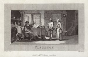 Flamands. Gravure de serviteurs et maître. - Flemish School