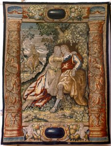 Tapisserie flamande. Série Galanterie. Couple avec musicien. Manufacture Bruxelles, début 17ème siècle. Tissu Soie et laine, 5/6 fils par cm. Taille 348 x 263 cm. Église de San Millán de la Cogolla, Oncala (Soria).