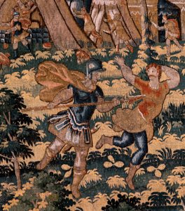 Tapisserie flamande. Série Histoire de Cyrus. N° V Combat entre deux guerriers et mort de Cyrus. Anonyme, basé sur Michiel Coxcie. Atelier Anvers. Soie et laine. Ca 1590 - Flemish School