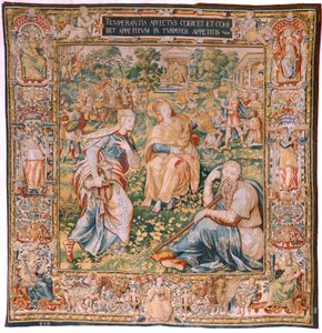 Tapisserie flamande. Série Les Sept Vertus. Tempérance. Modèle basé sur Michiel Coxcie. Manufacture Bruxelles. Manufacture par Frans Geubels. Vers 1560-1570. Soie et laine. Taille 330 x 320 cm. Cathédrale de Burgos. - Flemish School