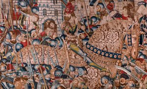 Tapisserie flamande. Série La Guerre de Troie. La Destruction de Troie. Onzième tapisserie de la série. Modèle Maître de Coëtivy (Henry ou Conrard de Vulcop). Manufacture ateliers de Tournai. Vers 1470
