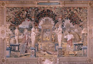 Tapisserie flamande. Série Vertumne et Pomone. Vertumne transformé en moissonneur. Première tapisserie de la série. Modèle Cercle de Pieter Coeck van Aelst. Manufacture Wilhelm Pannemaker, Bruxelles. Vers 1545-1550.