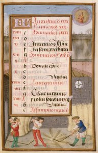 Ms 1058-1975 f8r Battage du maïs dans la grange, page de calendrier illuminée pour août, d